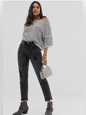 One Teaspoon Awesome Baggies Washed Black Distressed Boyfriend Jeans Sz 28